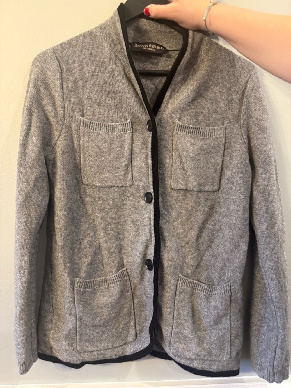 Banana Republic Light Gray Button-Up Knit Blazer with Contrast Trim